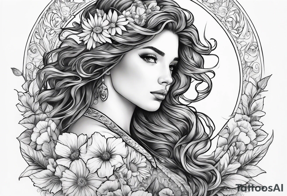 wildflowers and pegasus and valkyrie curly hair princess half sleeve arm tattoo idea