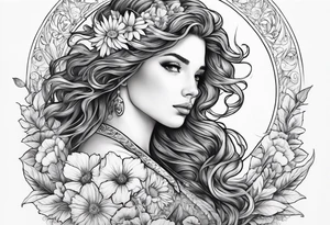 wildflowers and pegasus and valkyrie curly hair princess half sleeve arm tattoo idea