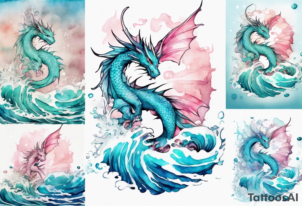 a beautiful turquoise and white and pink fairy dragon rising from the blue waves of the ocean tattoo idea