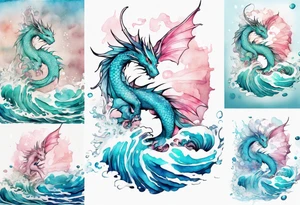 a beautiful turquoise and white and pink fairy dragon rising from the blue waves of the ocean tattoo idea