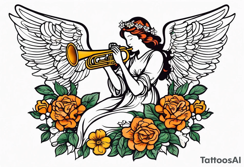 angel with trumpet
old school vintage simple traditional design with vintage flowers surrounding it bold color tattoo idea