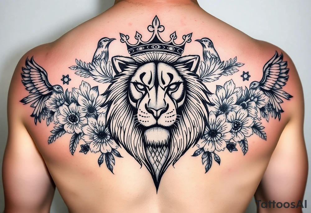 powerful majestic lion with a crown, surrounded by floral ornaments and birds tattoo idea