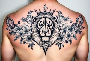powerful majestic lion with a crown, surrounded by floral ornaments and birds tattoo idea