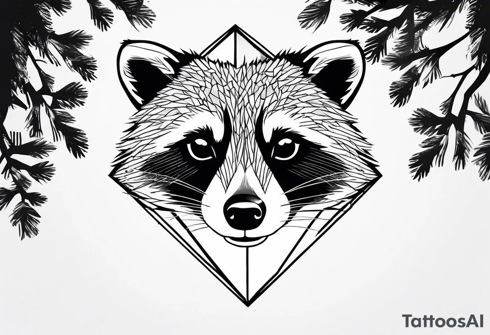 Vertical portrait of raccoon with trees in background shaped like a diamond tattoo idea