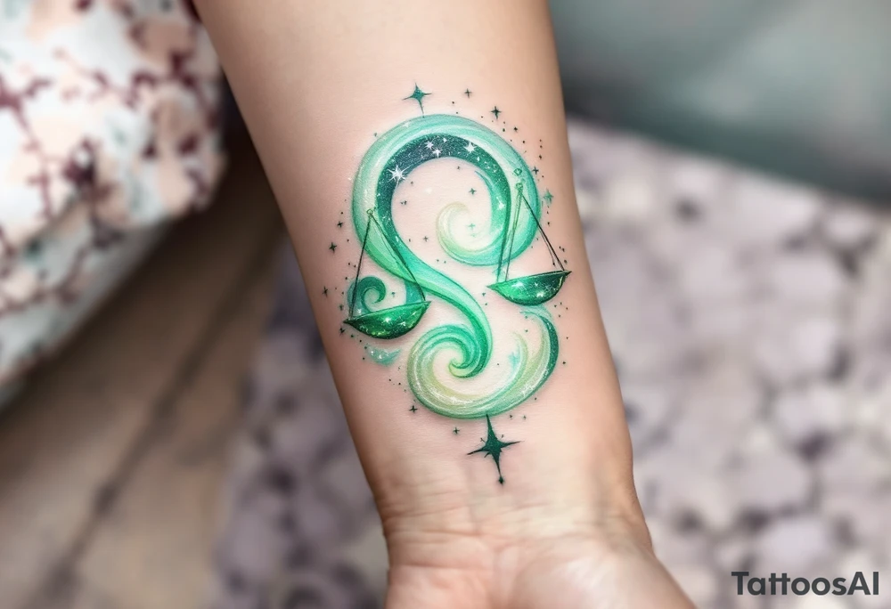 The Libra symbol in soft pastel green shines below a swirling galaxy that reveals the star constellation in white ink. tattoo idea