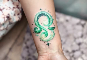 The Libra symbol in soft pastel green shines below a swirling galaxy that reveals the star constellation in white ink. tattoo idea