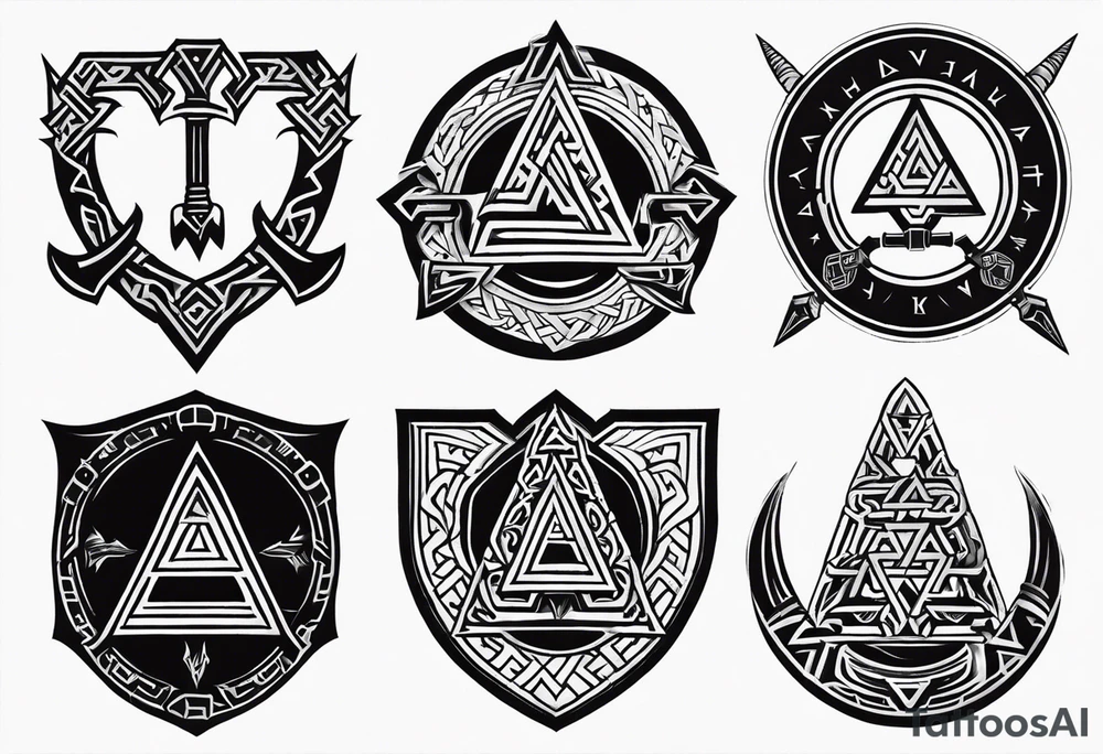 Valhalla sword shield axe Valknut fog tattoo idea
