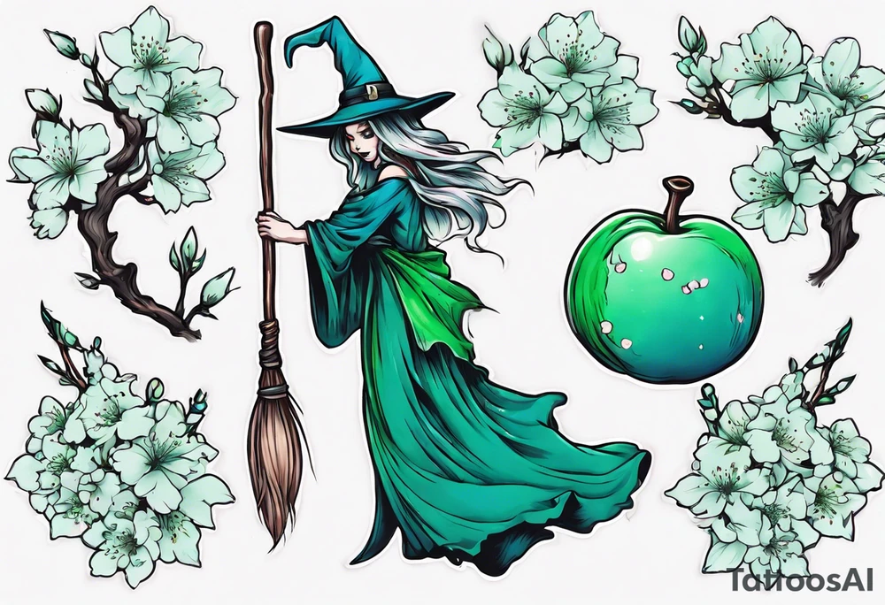 blue and green witch broom with cherry blossoms tattoo idea