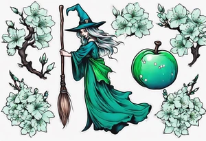 blue and green witch broom with cherry blossoms tattoo idea