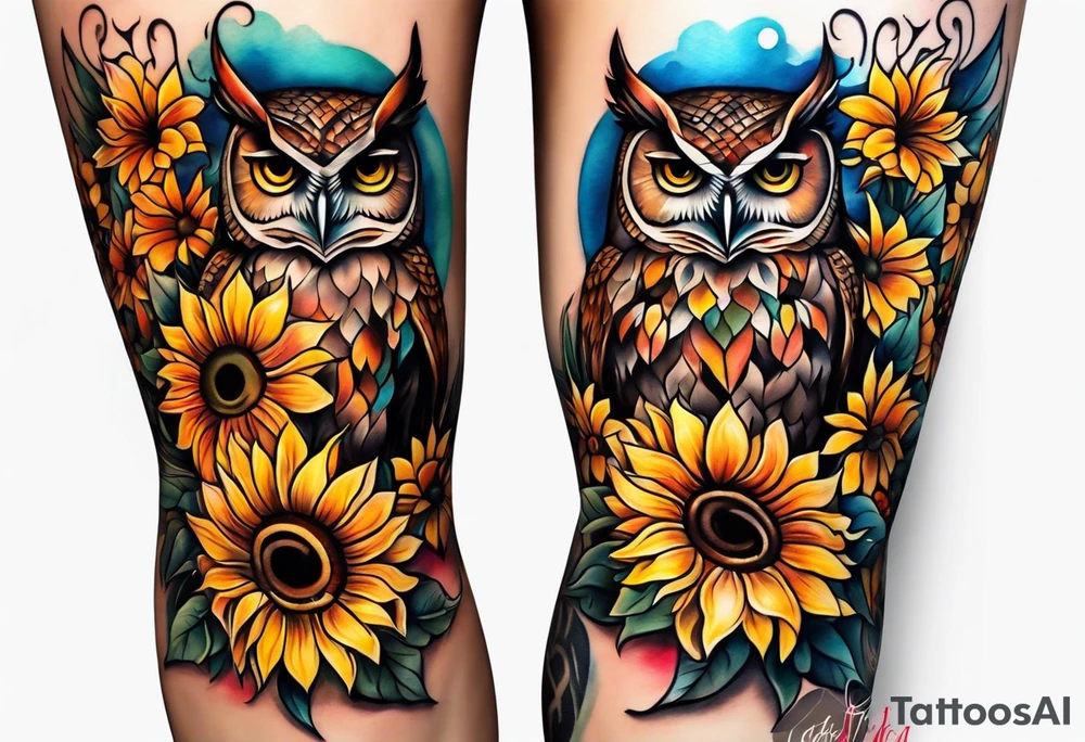 Leg sleeve with colorful sunflowers and an owl tattoo idea