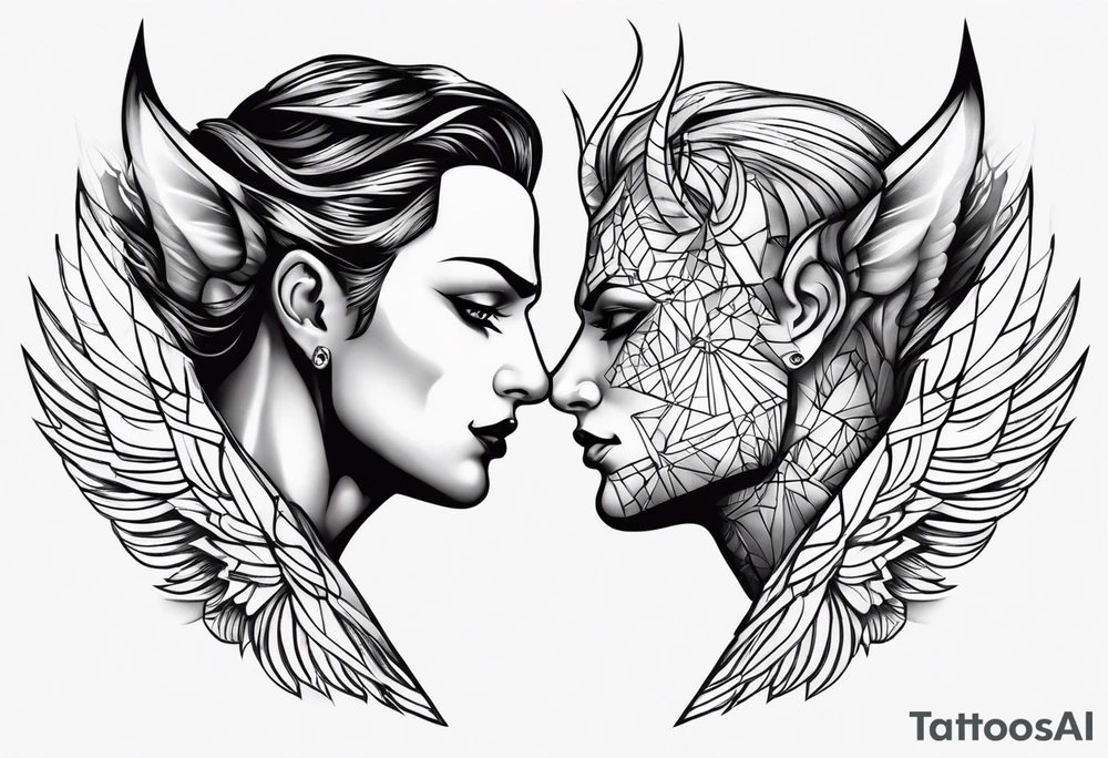 engel and devil look at each other from top and bottom, realistic tattoo idea