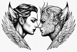 engel and devil look at each other from top and bottom, realistic tattoo idea