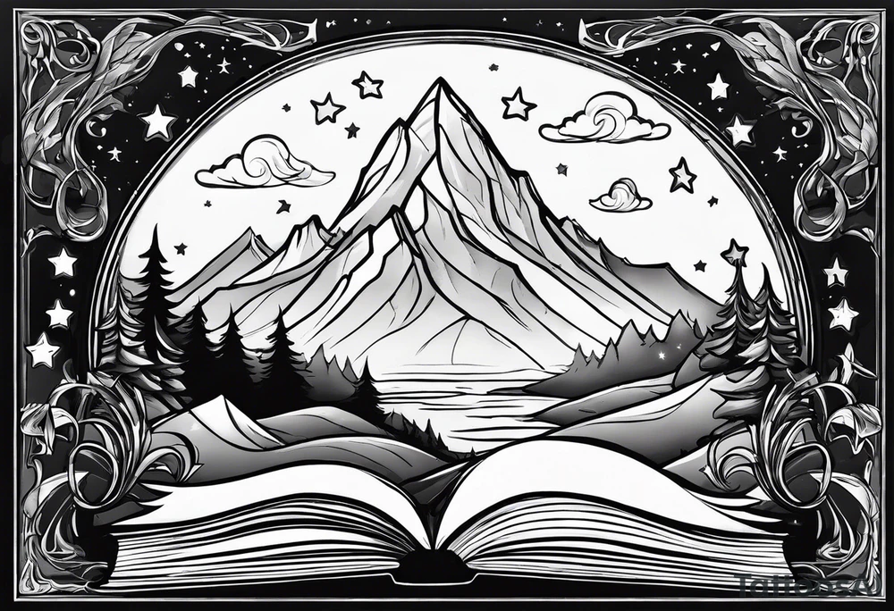 Open book with stars and mountains in a cartoon minimalistic design. Incorporate 'to whatever end' in elvish from lord of the rings tattoo idea