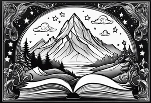 Open book with stars and mountains in a cartoon minimalistic design. Incorporate 'to whatever end' in elvish from lord of the rings tattoo idea