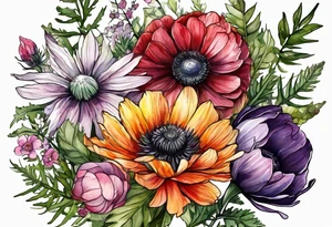 wildflowers with thistles, ferns, ranuculus, white anemones with black center, sun flowers, red flowers, pink flowers, purple flowers, buttercups all in watercolor tattoo idea