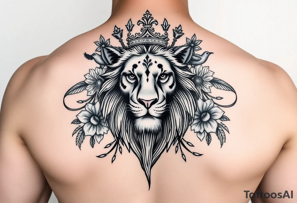 powerful majestic lion with a crown, surrounded by floral ornaments and birds tattoo idea