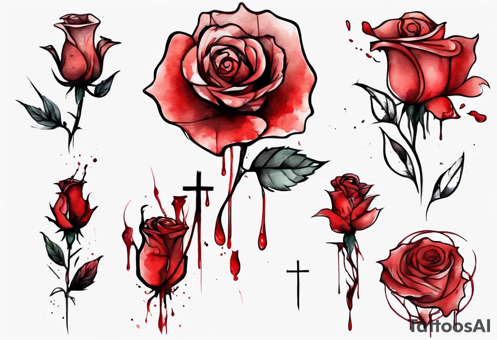rose flower, one line, red blood dripping from the flower, tall, watercolor, with a cross in it tattoo idea