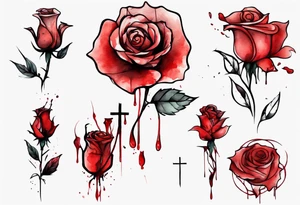 rose flower, one line, red blood dripping from the flower, tall, watercolor, with a cross in it tattoo idea