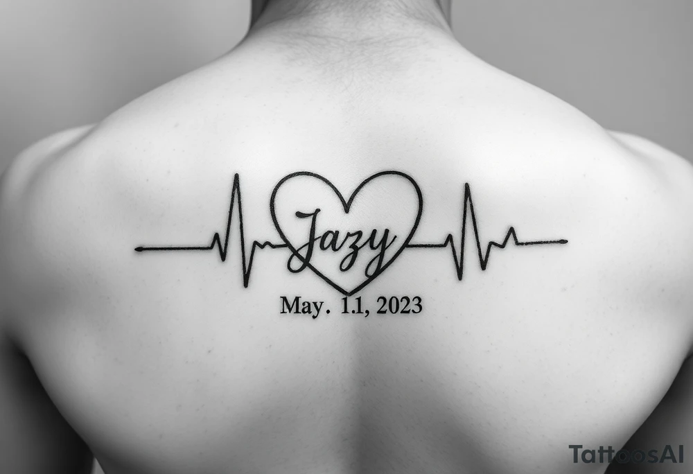 faded heart beat outline for a deceased best friend with the name Jazy and the date May 24, 2023 incorporated tattoo idea