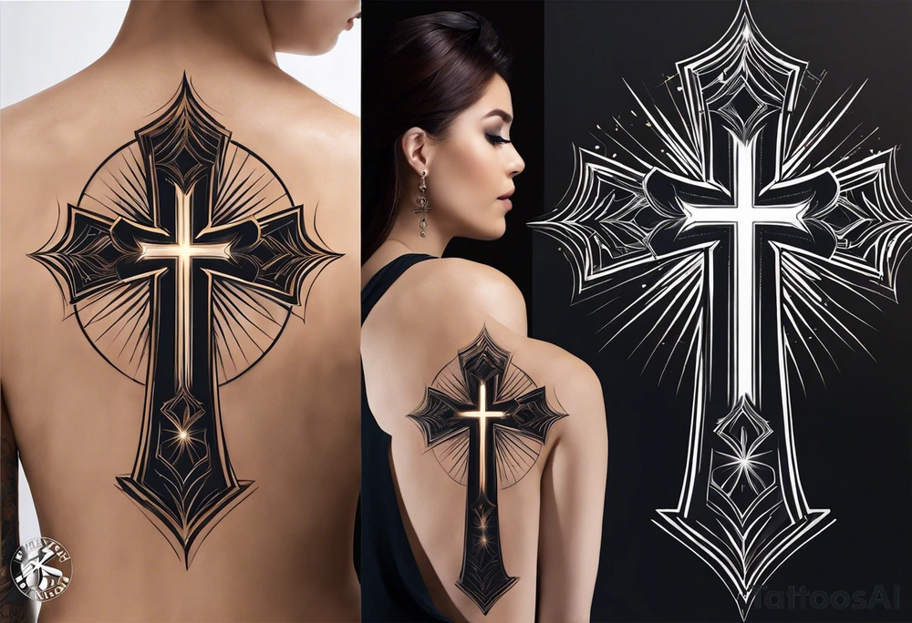 Tattoo: A refined cross with a soft halo on top of it, symbolizing light and spirituality. Delicate rays extend outward from the halo, adding a subtle glow and depth. The cross itself is simple and elegant, with potential for small, intricate line details within the design. tattoo idea
