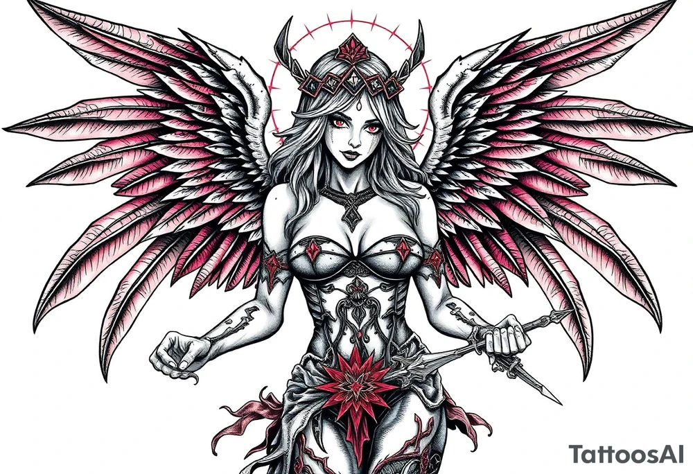 Goth angel sexy full body warrior tattoo idea