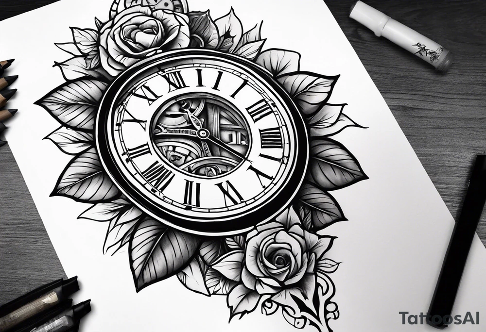 Draw me a tattoo located on the shoulder and upper arm of a man. The tattoo represents a clock and  an hourglass with Roman numerals in the background. It is a symbol of the passing of time. tattoo idea