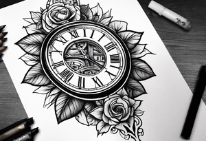 Draw me a tattoo located on the shoulder and upper arm of a man. The tattoo represents a clock and  an hourglass with Roman numerals in the background. It is a symbol of the passing of time. tattoo idea