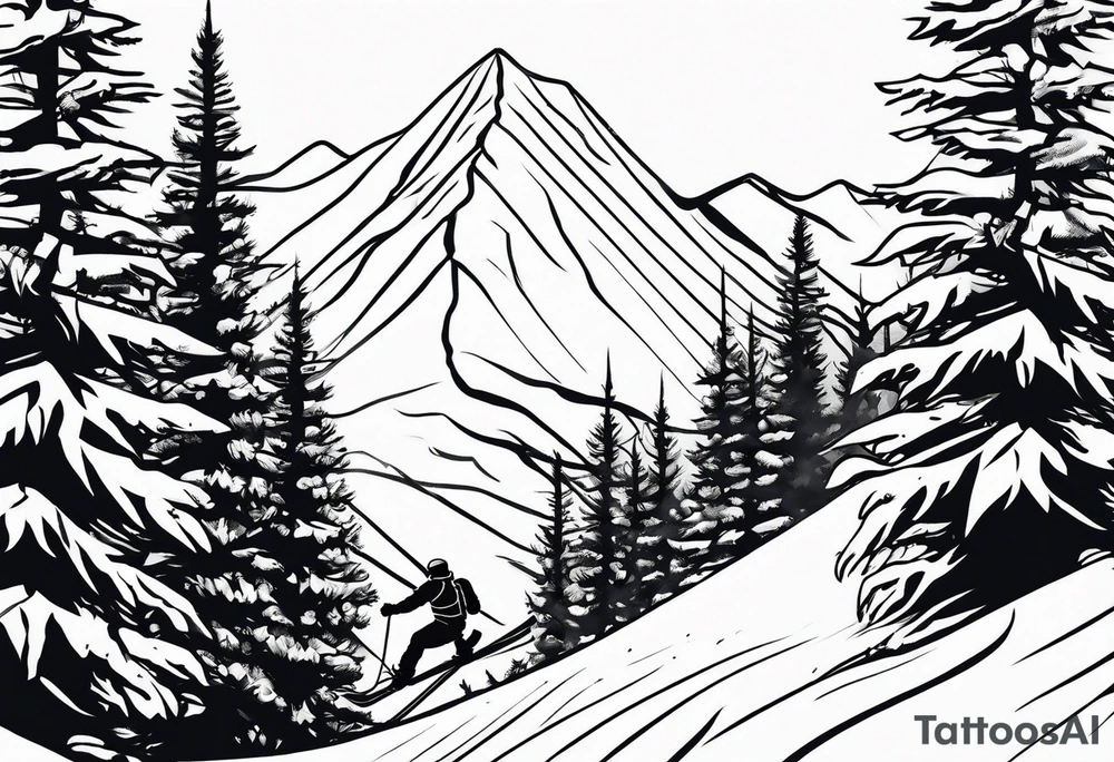 minimalist tattoo of a snow skier sking through trees showing ski trail tattoo idea