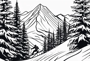 minimalist tattoo of a snow skier sking through trees showing ski trail tattoo idea
