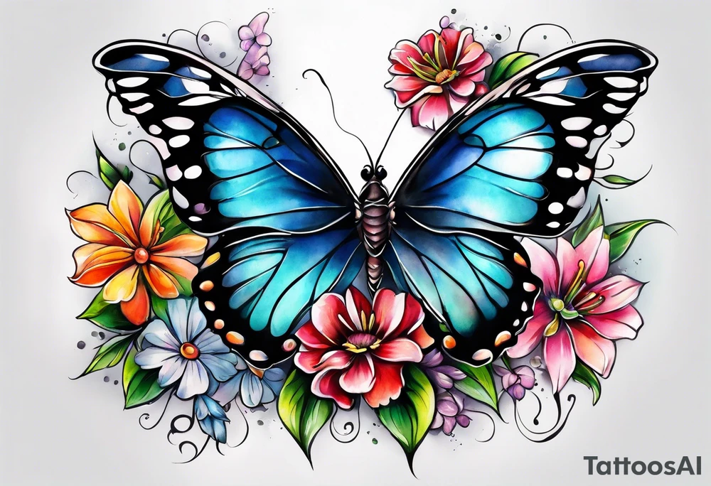Butterfly and flowers, spine tattoo cover up tattoo idea