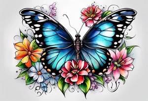 Butterfly and flowers, spine tattoo cover up tattoo idea