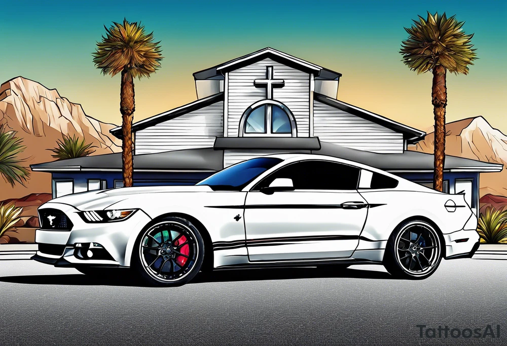 Ford mustang in front of little white Wedding Chapel in las vegas tattoo idea