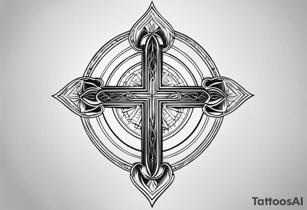 Tattoo: A refined cross with a soft halo on top of it, symbolizing light and spirituality. Delicate rays extend outward from the halo, adding a subtle glow and depth. The cross itself is simple and elegant, with potential for small, intricate line details within the design. tattoo idea