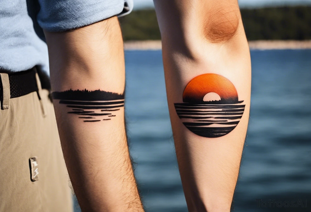 This is an extremely simple and minimalistic tattoo on male forearm. It is black and white with minuscule splashes of orange from the sun. The tattoo 4 inches wide by 2 inches tall. From the perspective of being on the ocean, Water is calm, with no waves in sight, the sun is setting behind the ocean, reflecting light onto the water. The water has shading. tattoo idea
