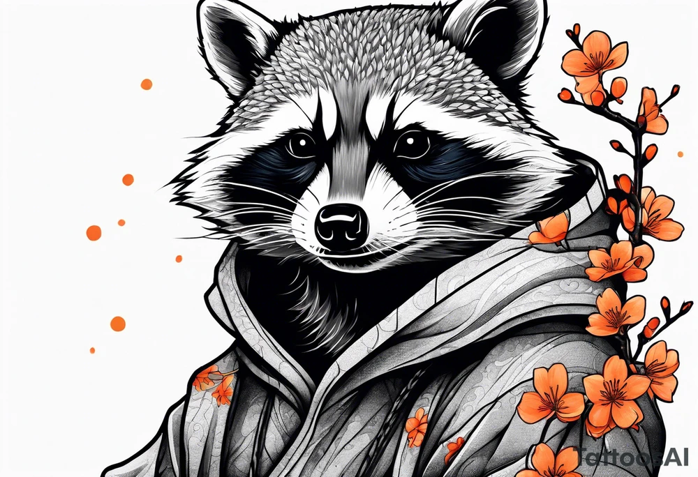 raccoon wearing a Superman hoodie with orange Japanese cherry blossoms tattoo idea