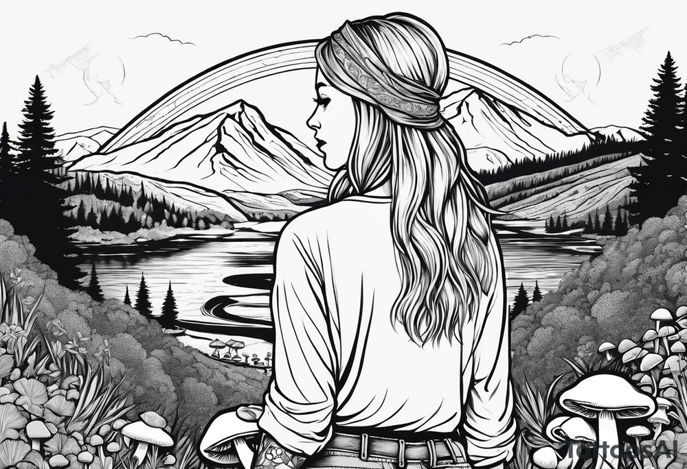 Whole picture encircled fully

Straight long blonde hair hippie girl in distance holding mushrooms in hand facing away toward mountains and creek surrounded by mushrooms long sleeve shirt and hiking pants; whole rendering within a full circle, no cut off circle tattoo idea
