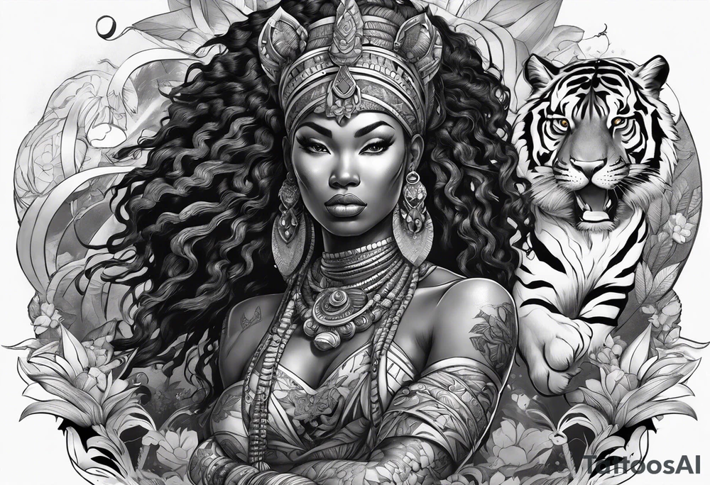 African goddess with sword and tiger Japanese traditional style full sleeve tattoo tattoo idea