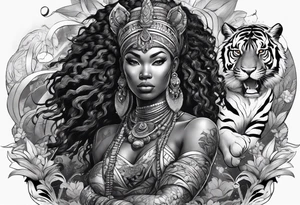 African goddess with sword and tiger Japanese traditional style full sleeve tattoo tattoo idea