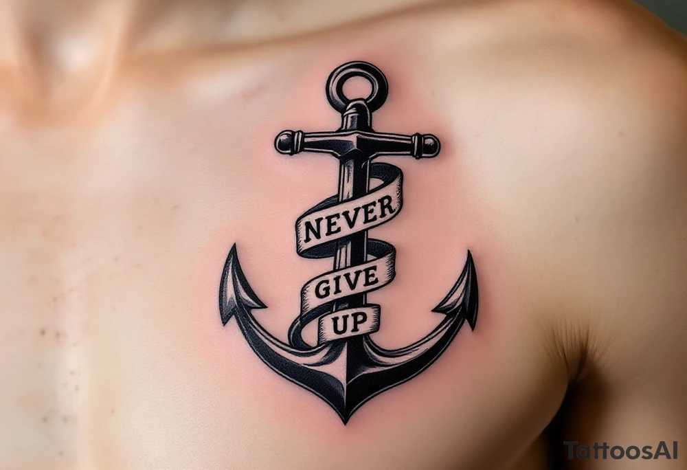 "Never give up" wrapped around the base of a black anchor, symbolizing stability and strength. tattoo idea