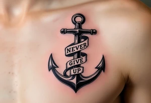 "Never give up" wrapped around the base of a black anchor, symbolizing stability and strength. tattoo idea