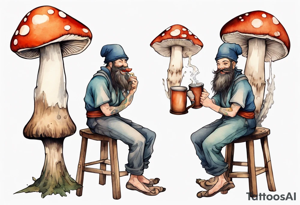 a medieval mushroom with a beard sitting on a stool drinking from a wood mug, laughing tattoo idea