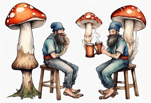 a medieval mushroom with a beard sitting on a stool drinking from a wood mug, laughing tattoo idea