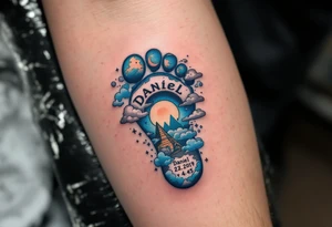Tiny footprint with the name "Daniel" and 23.1.2019 v 4:45, surrounded by gray and light blue clouds. tattoo idea
