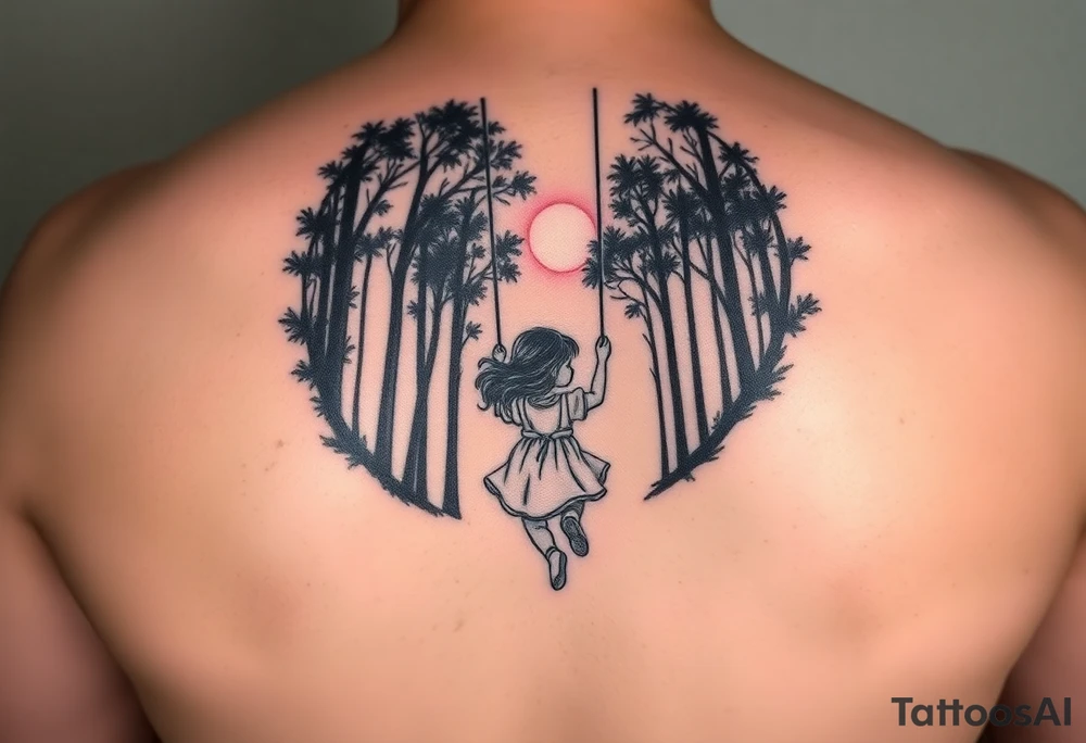 Little girl swinging in dark forest with the sun coming up but hasn’t reached her yet tattoo idea