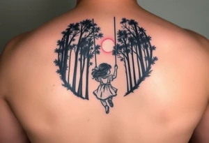 Little girl swinging in dark forest with the sun coming up but hasn’t reached her yet tattoo idea