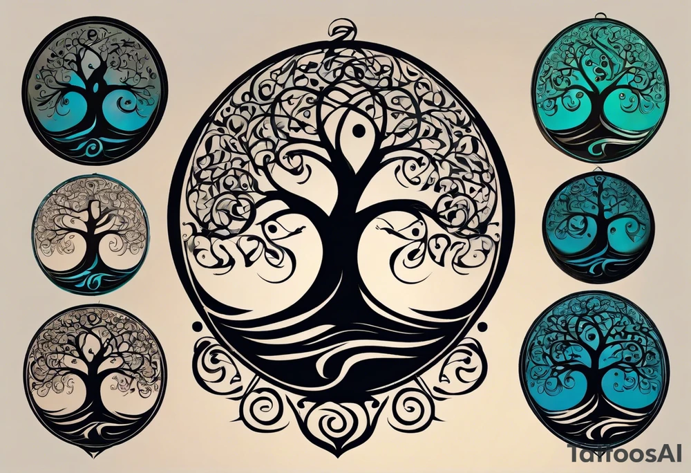 A tattoo design that incorporates the following elements: an abstract tree of life that has roots emerging  from the ground. Waves of water encapsulate the tree and wind around it in an organic way.  Incorporate music.   the letters U and A are overlapping and engraved into the tree. a golf ball incorporated but not prominent. tattoo idea
