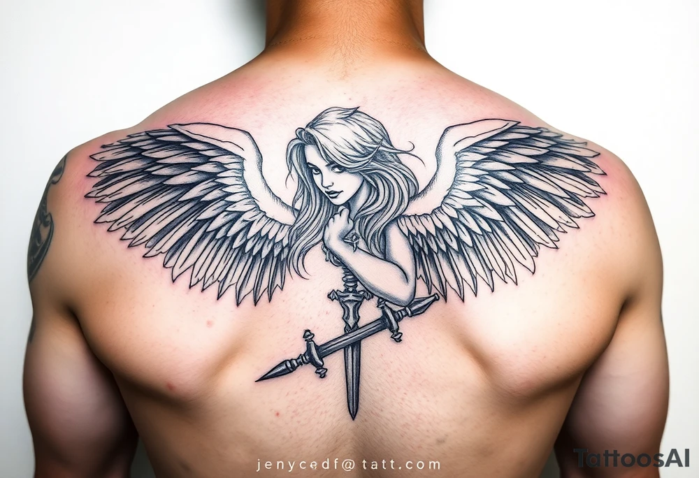 Fierce Female Angel warrior with dark shading tattoo idea