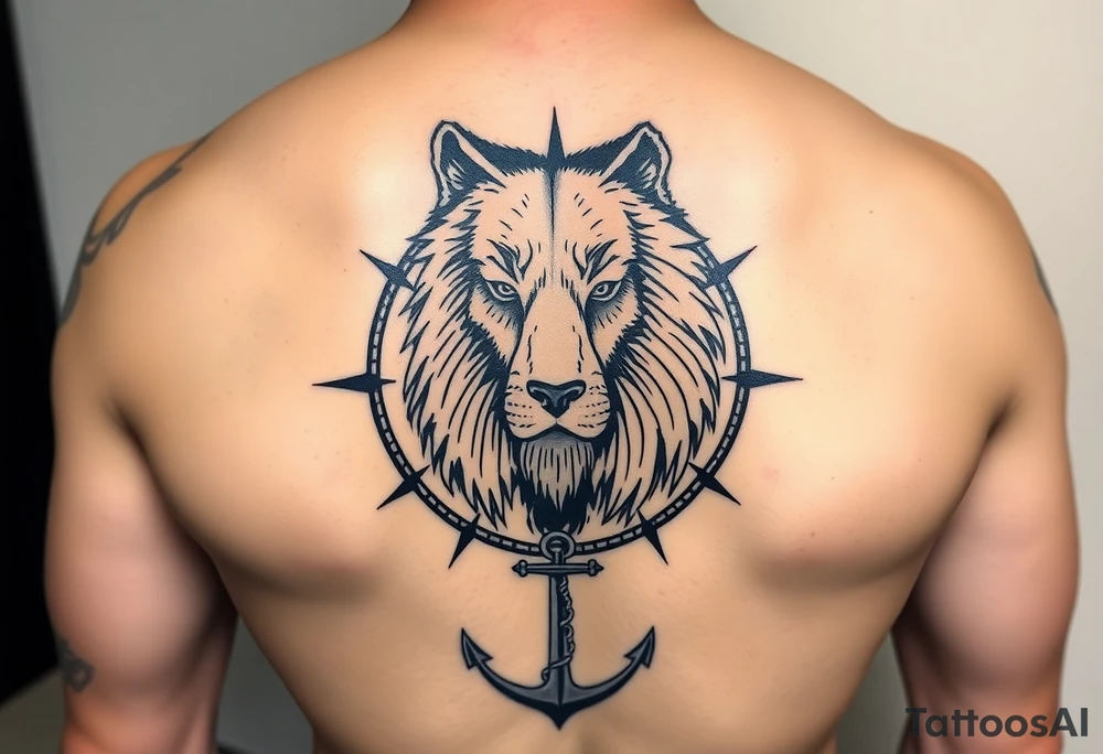 1/3wolf 1/3bear 1/3 lion surrounded by a compass with a small anchor on bottom. for sleeve tattoo idea 1/3wolf 1/3bear 1/3 lion surrounded by a compass with a small anchor on bottom. for sleeve tattoo idea