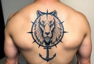 1/3wolf 1/3bear 1/3 lion surrounded by a compass with a small anchor on bottom. for sleeve tattoo idea