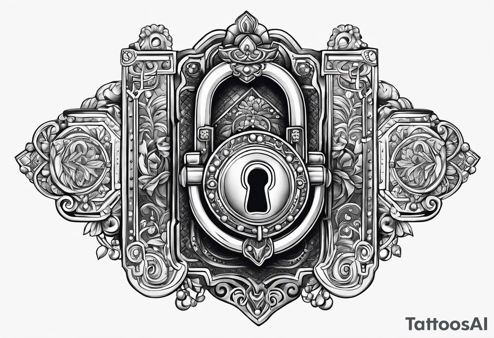 Antique lock sarounded by different jewels tattoo idea